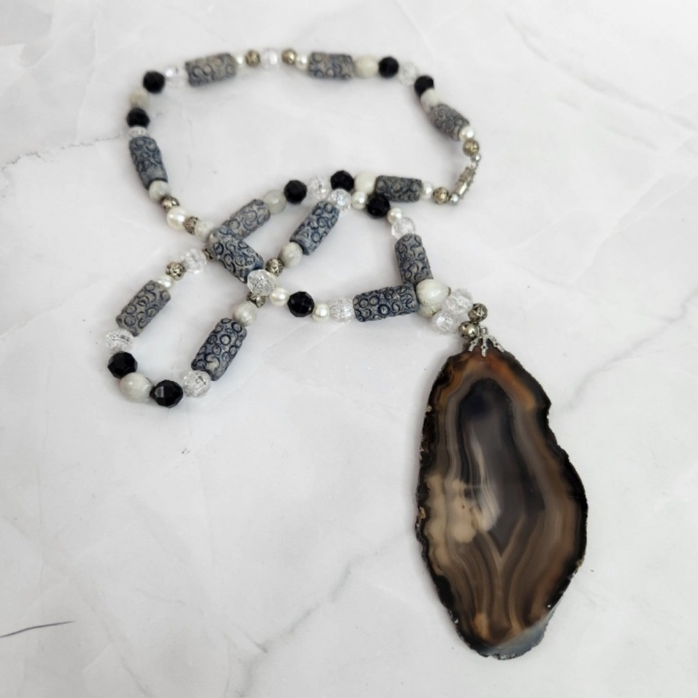 Vintage Custom Made Agate Slice Bone Bead Necklace